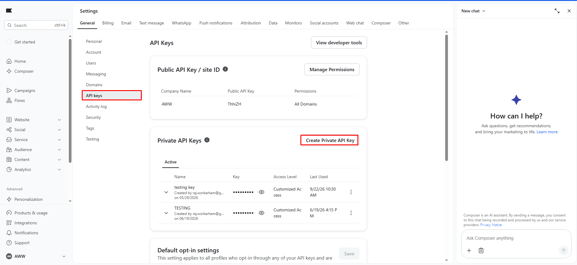 Create Private API Key in Klaviyo