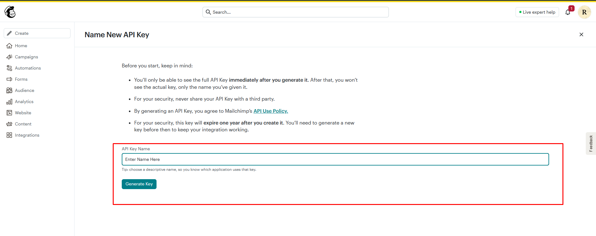 Name and Generate API Key in Mailchimp