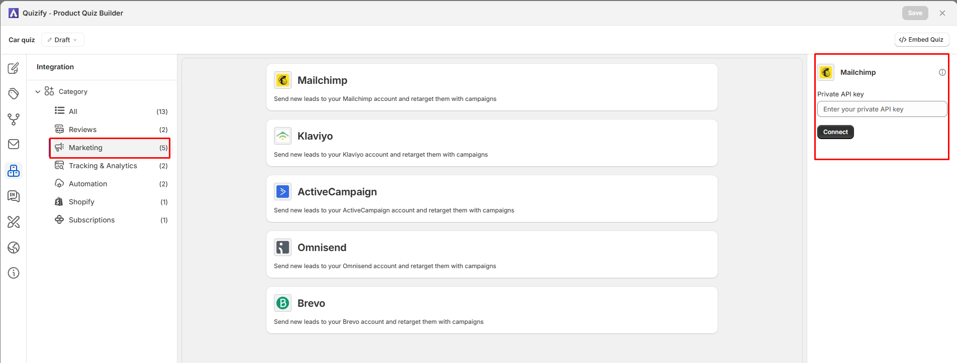 Connect Mailchimp in Quizify