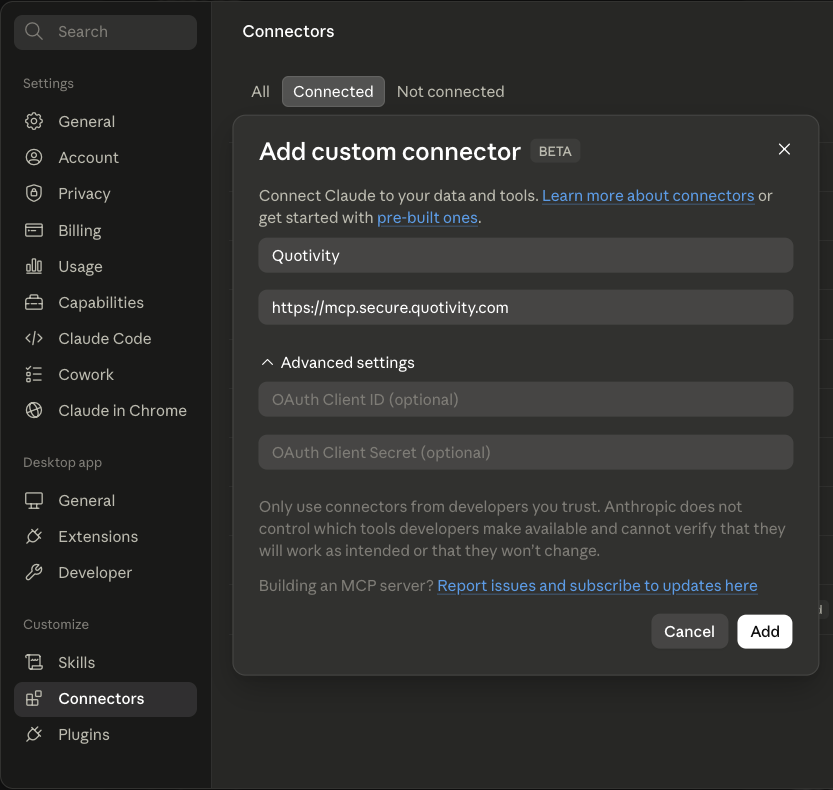 Claude Desktop MCP server configuration for Quotivity