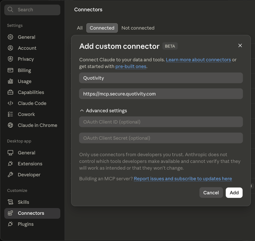 Claude Desktop MCP server configuration for Quotivity