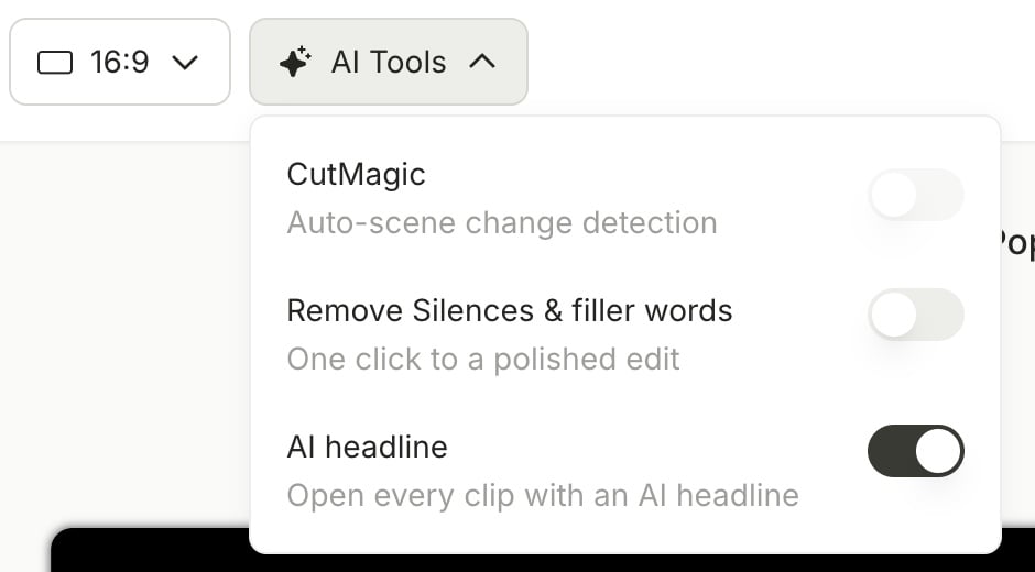 The AI Tools menu on the clips page, with the AI headline switch on