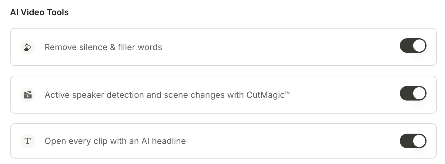 AI Video Tools on the import screen, with the AI headline switch on