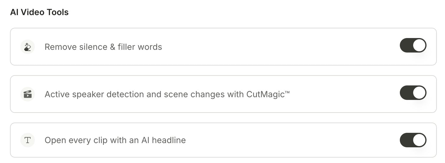 AI Video Tools on the import screen, with the AI headline switch on