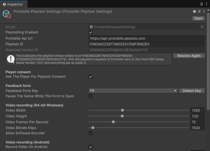 ملف إعدادات Protokite Playtest في نافذة Inspector في Unity، مع تفعيل Playtesting Enabled وPlaytest ID محوَّل