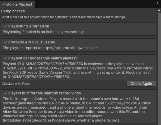 نافذة إعداد Protokite Playtest فيها الفحوص الأربعة كلها ناجحة لمنصّة بناء Android