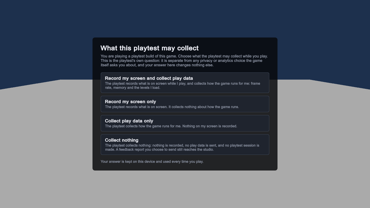 لعبة في Unity تعرض سؤال اختبار اللعب What this playtest may collect مع أربع إجابات