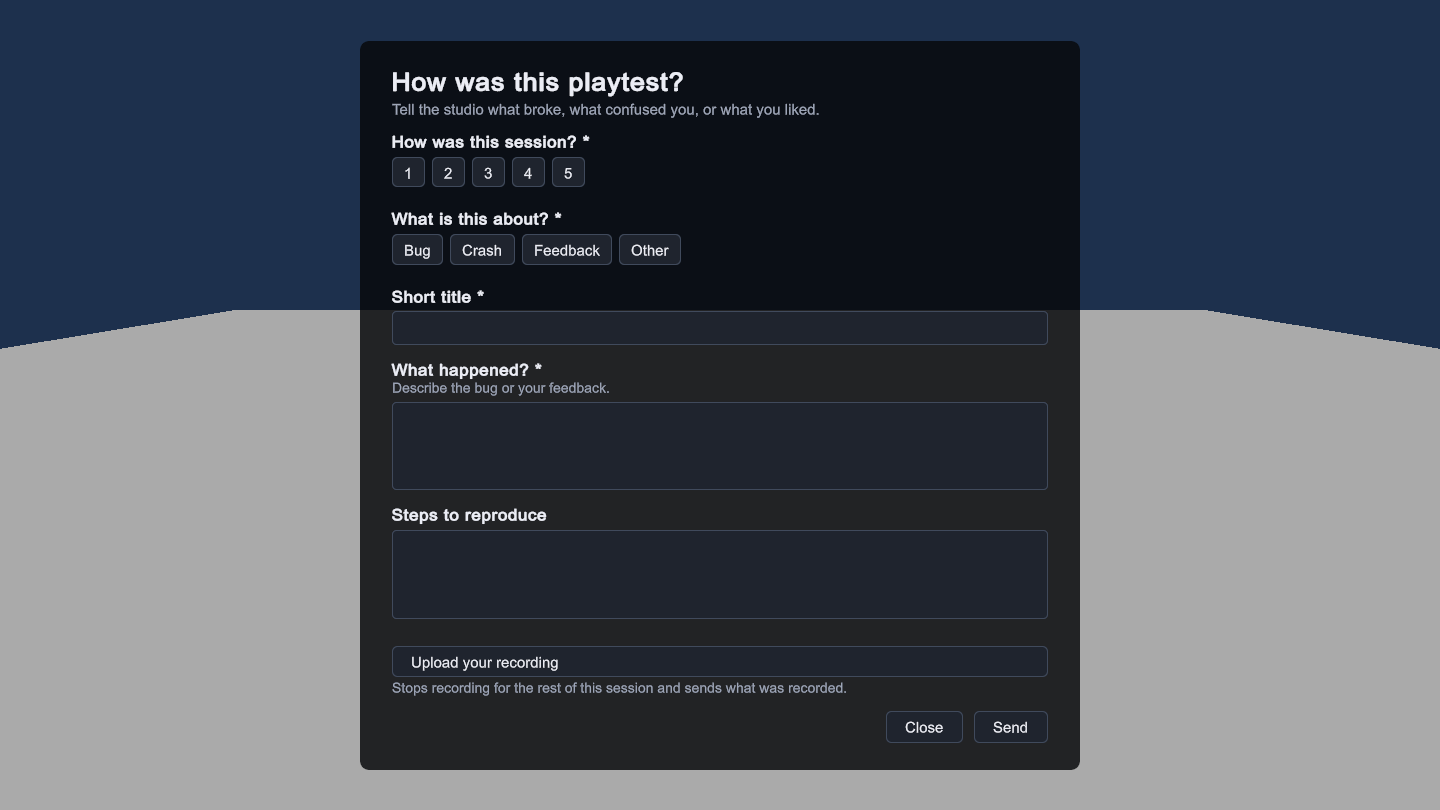A playtest feedback form over a Unity game, with a rating, a choice, text answers and an Upload your recording button