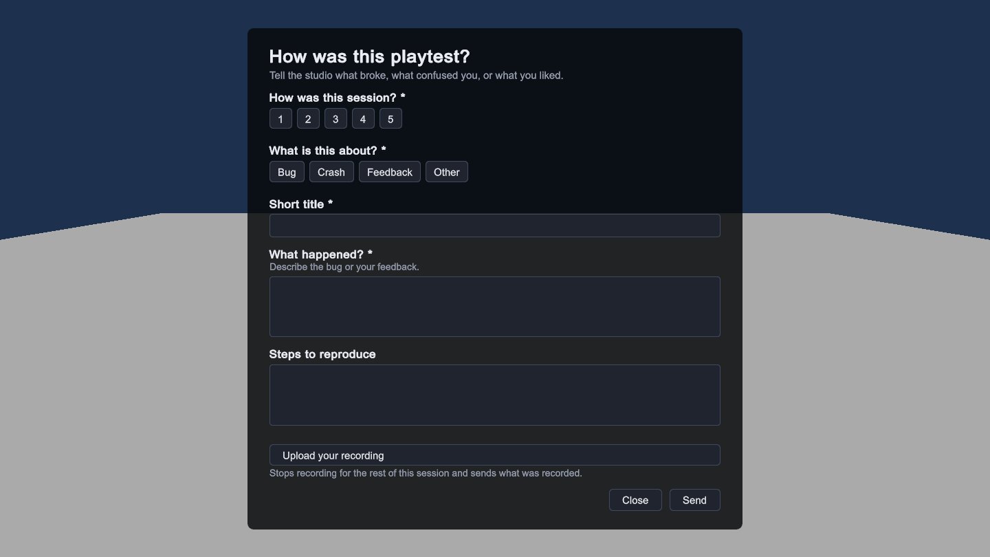 A playtest feedback form over a Unity game, with a rating, a choice, text answers and an Upload your recording button