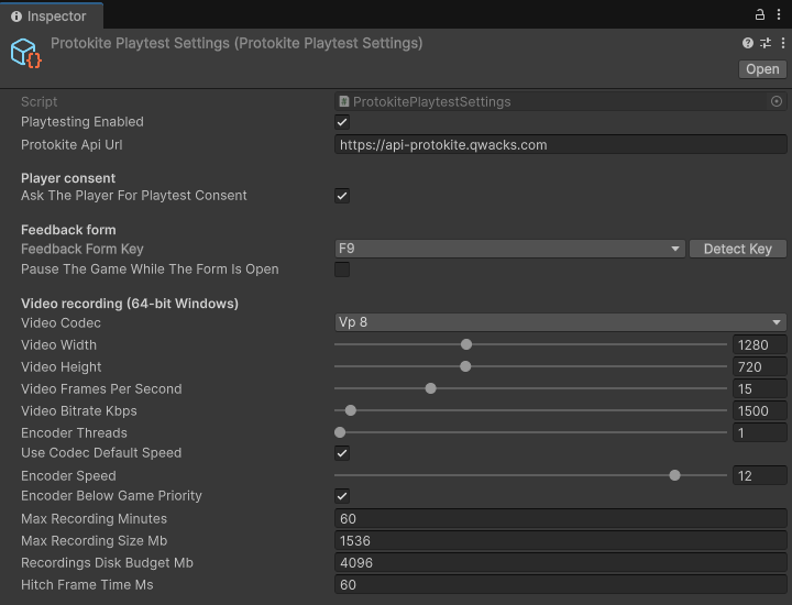 ملف إعدادات Protokite Playtest في نافذة Inspector في Unity، مع تفعيل Playtesting Enabled