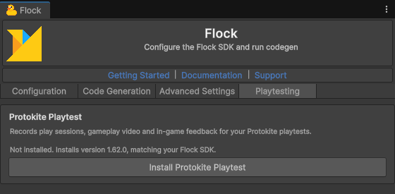 نافذة إعدادات Flock على تبويب Playtesting، وفيها Not installed وزر Install Protokite Playtest