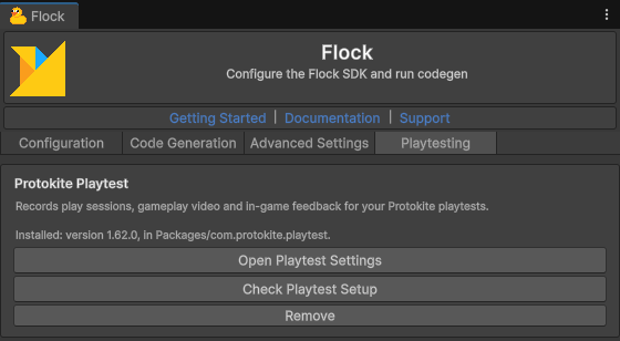 تبويب Playtesting يعرض الإصدار المثبّت مع أزرار Open Playtest Settings وCheck Playtest Setup وRemove