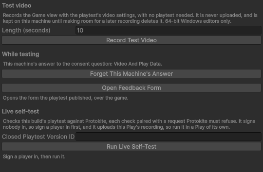 The Protokite Playtest setup window during Play Mode, with the While testing, Test video and Live self-test sections