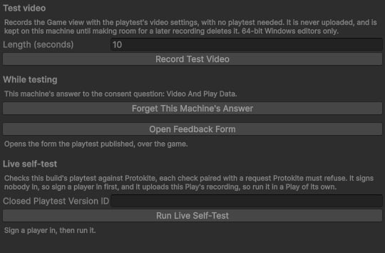 The Protokite Playtest setup window during Play Mode, with the While testing, Test video and Live self-test sections