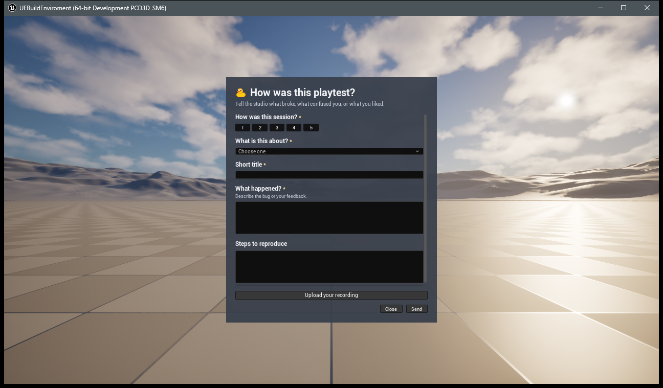 A playtest feedback form over the game, with a rating, a choice, text answers, and an Upload your recording button