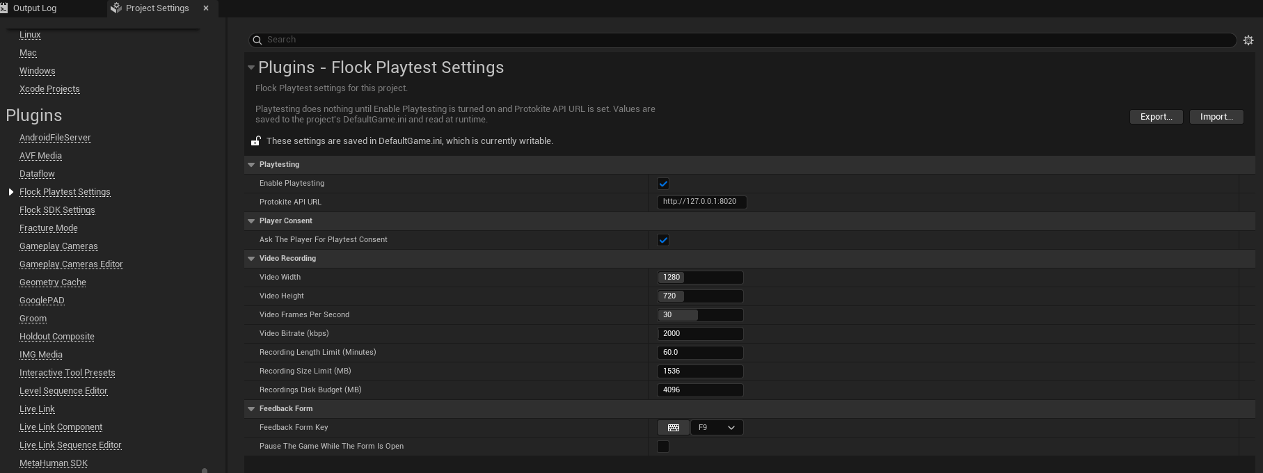 The Flock Playtest Settings page in Unreal Project Settings, showing Playtesting, Player Consent, Video Recording and Feedback Form