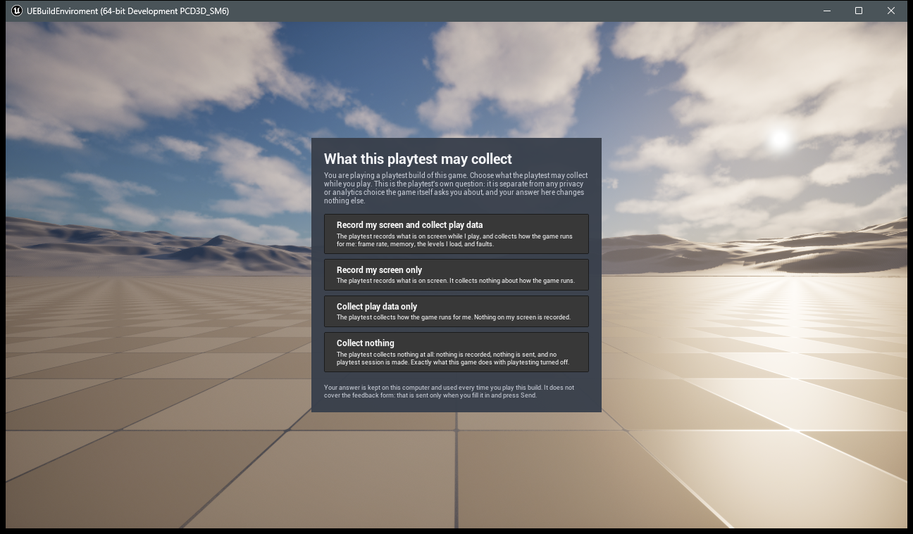 A playtest build showing the question What this playtest may collect, with four answers