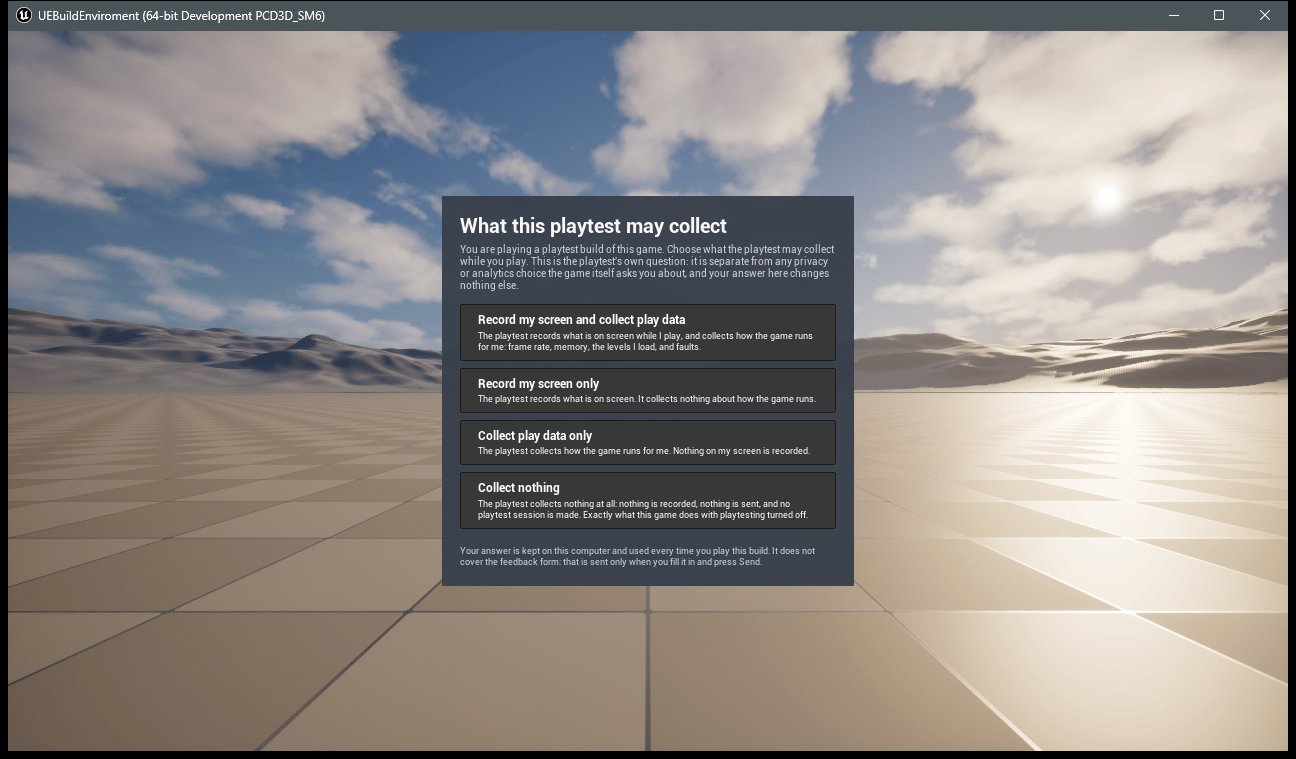A playtest build showing the question What this playtest may collect, with four answers