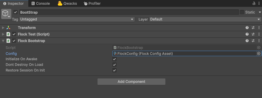 FlockBootstrap component in the Inspector