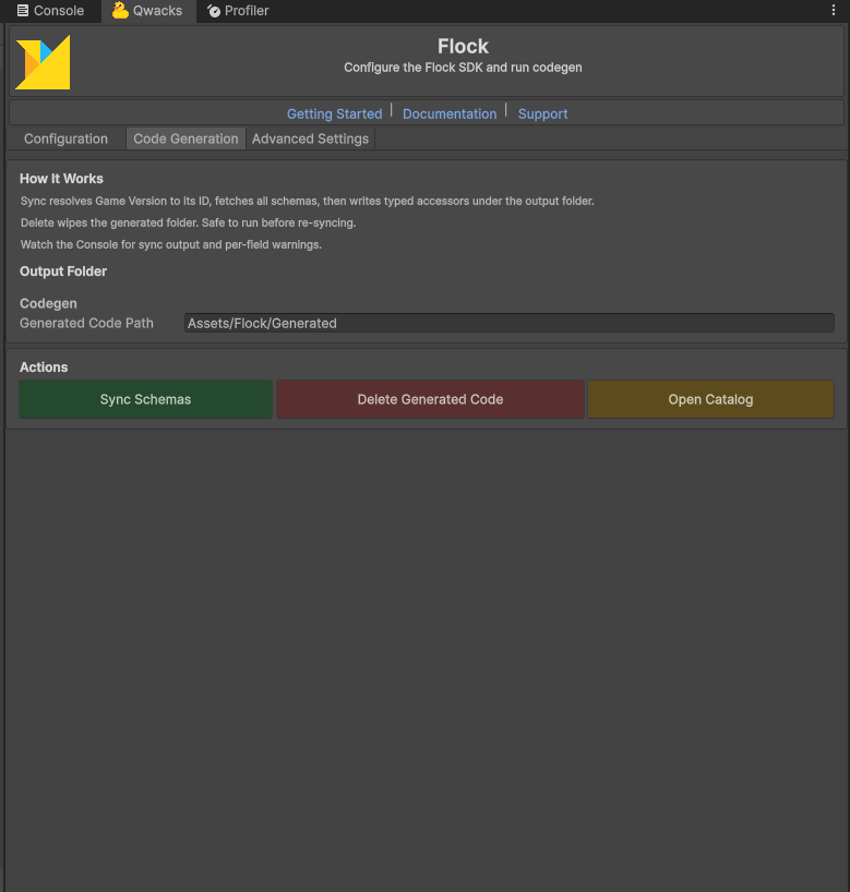 Code Generation tab in the Flock window