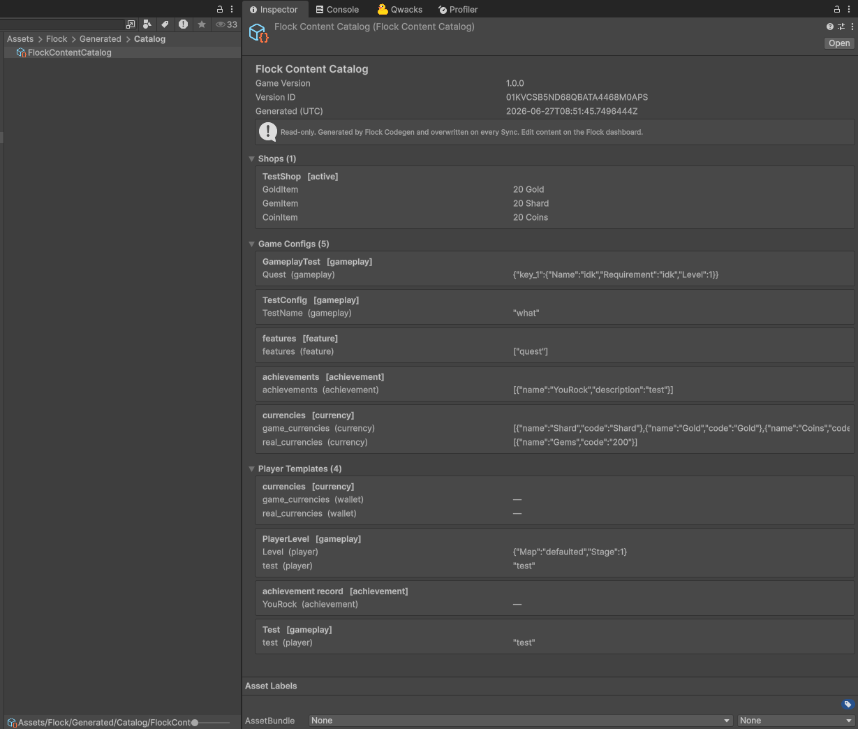 FlockContentCatalog asset open in the Inspector