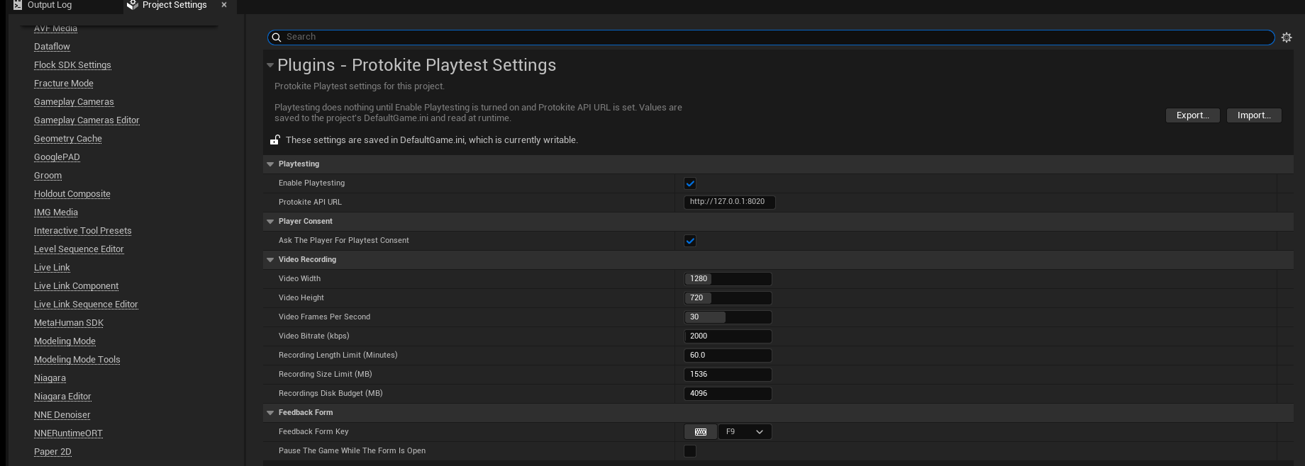 صفحة إعدادات Protokite Playtest في Unreal، وفيها Playtesting وPlayer Consent وVideo Recording وFeedback Form
