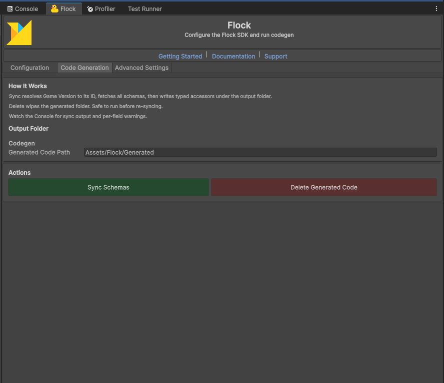 Code Generation tab in the Flock window