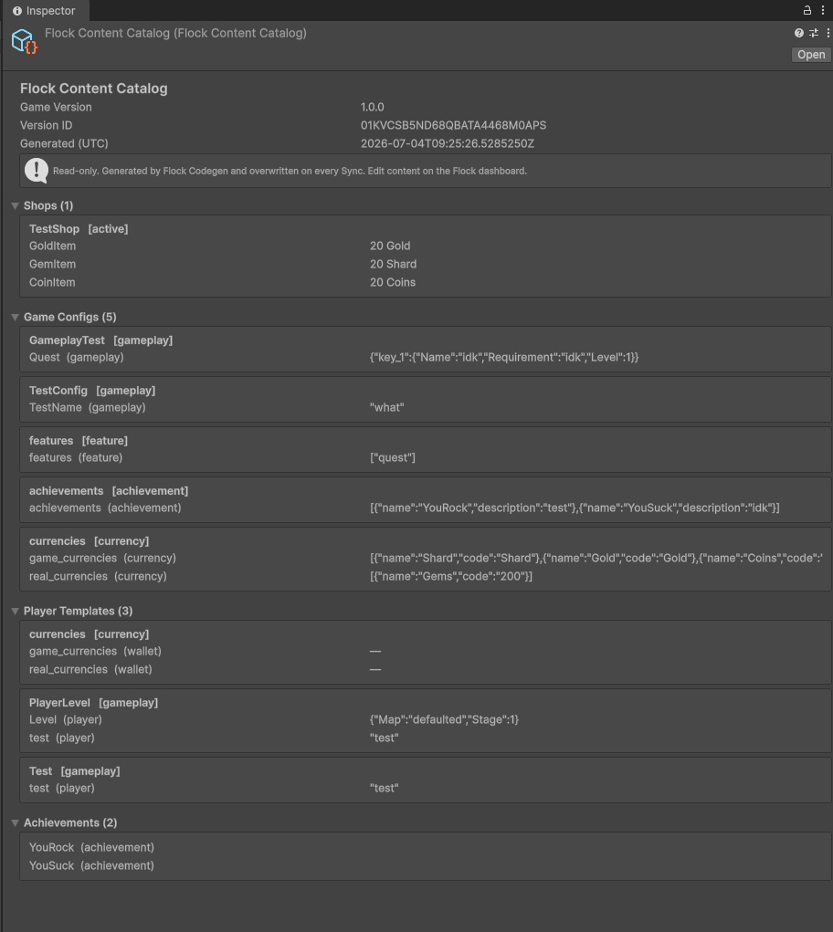 FlockContentCatalog asset open in the Inspector