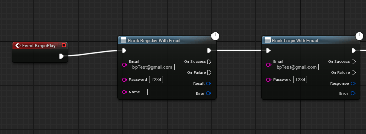 Flock Login With Email and Flock Register With Device nodes in a Blueprint graph