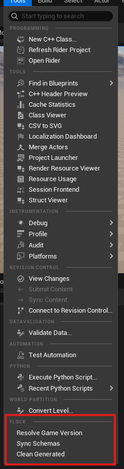 The Tools menu showing Resolve Game Version, Sync Schemas and Clean Generated