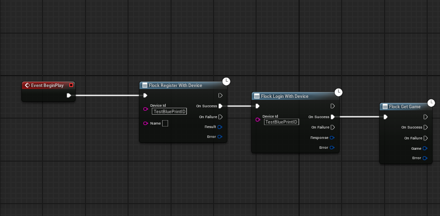 A Blueprint graph running Flock Login With Device into Flock Get Game