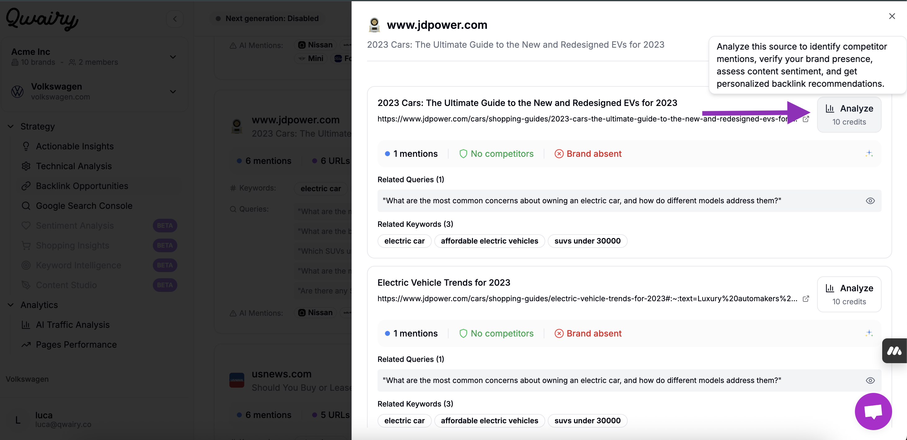 Backlink Opportunities Analysis Interface