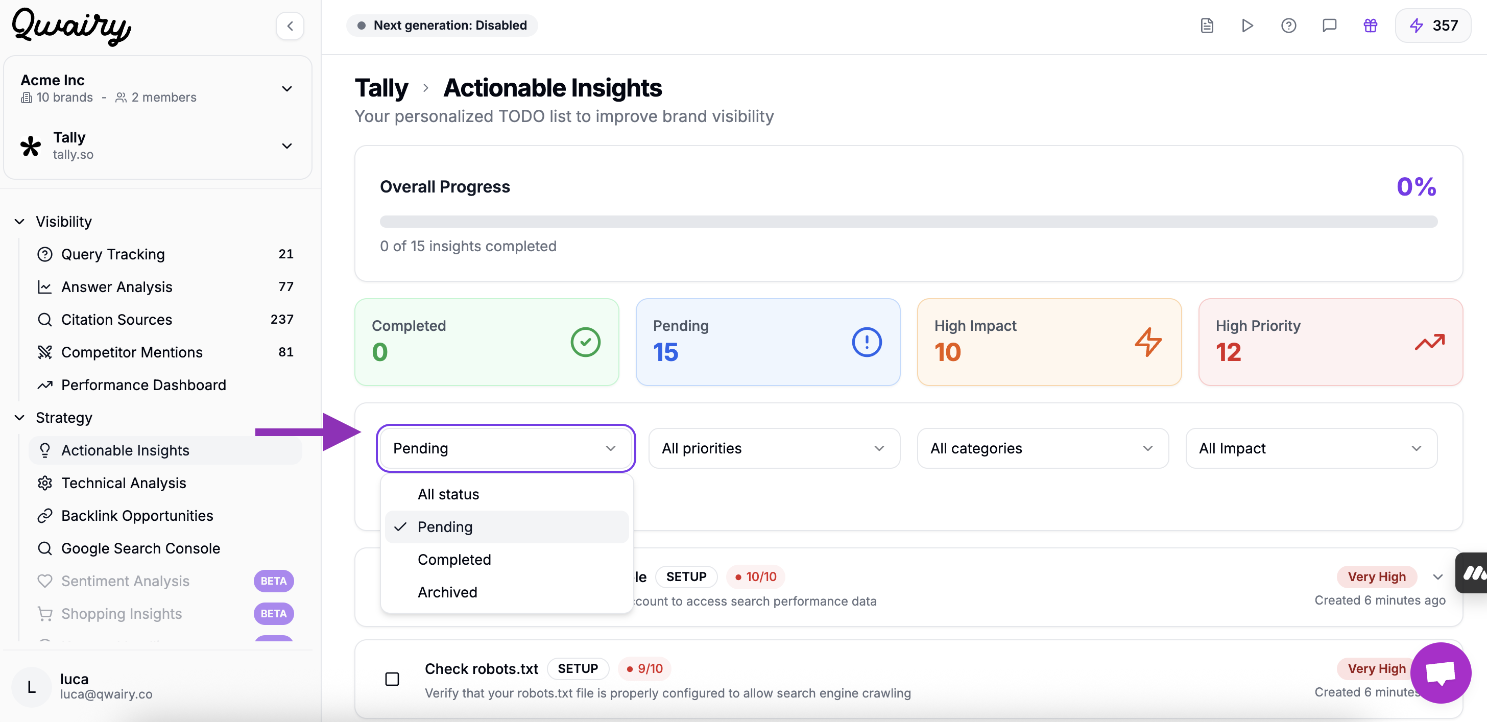 Filtering and Sorting Options for Insights