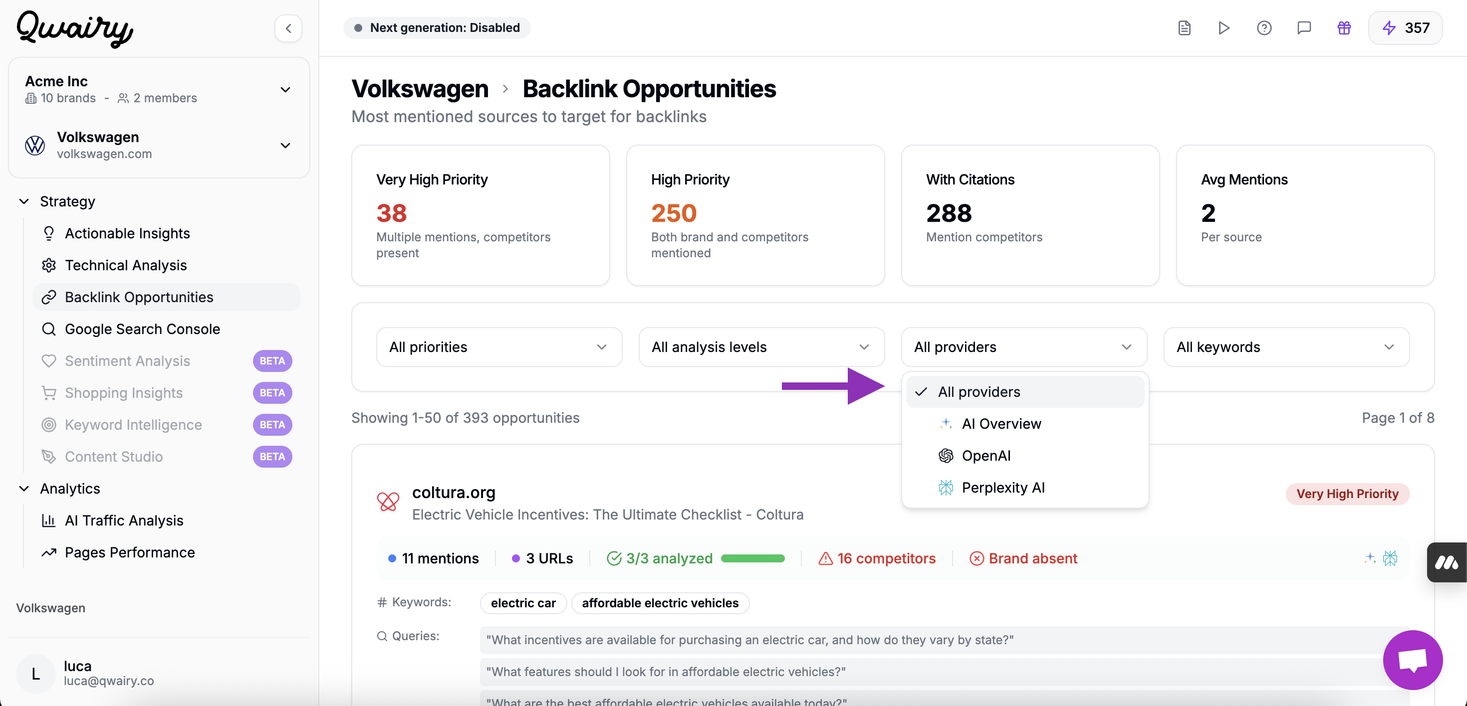 Filtering Backlink Opportunities by LLM Provider
