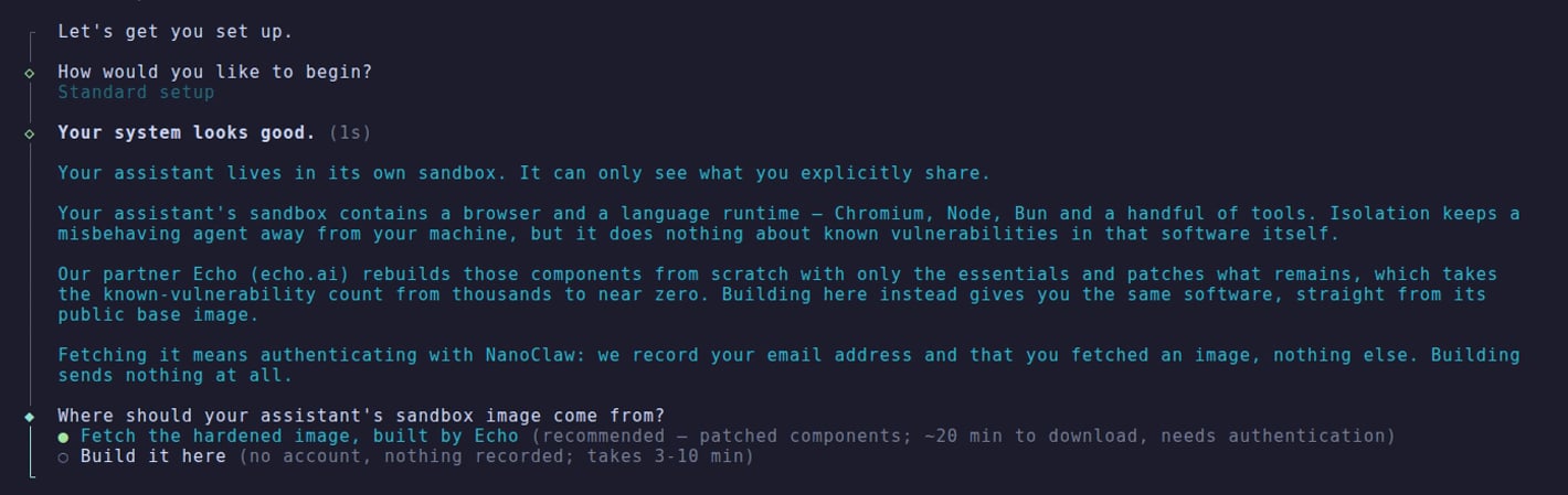 Setup wizard asking where the sandbox image should come from, with the pre-built patched image option selected and the build-it-here alternative below