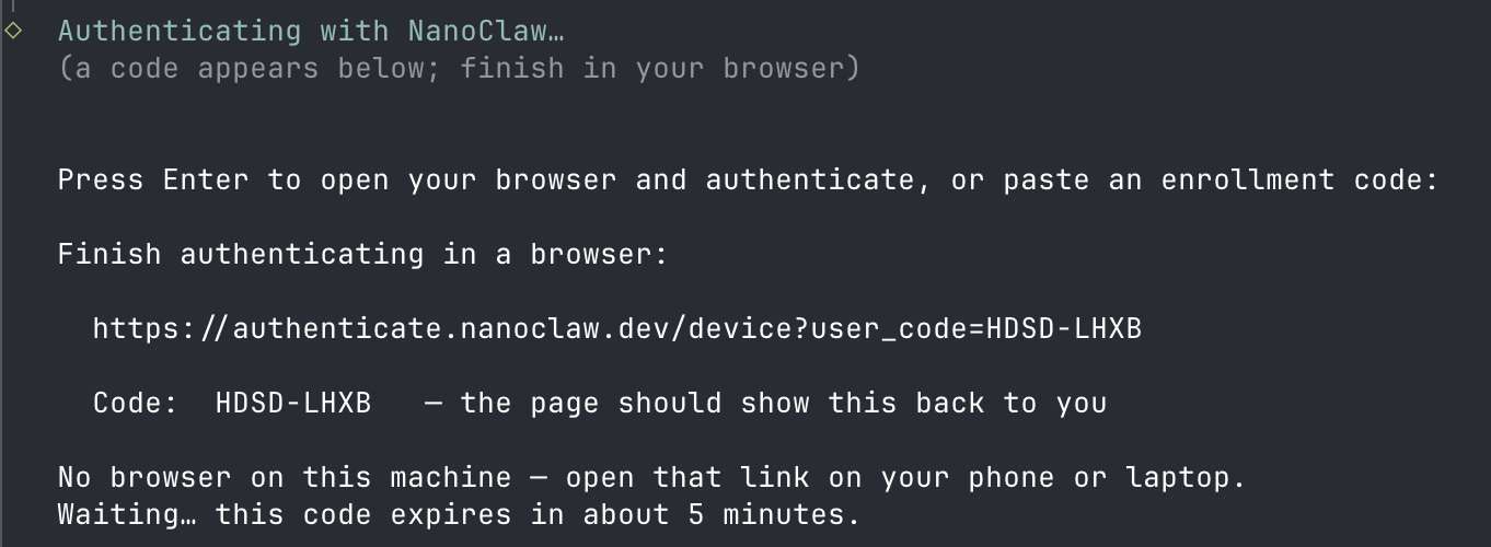 Terminal sign-in card printed by the wizard, with the authentication link and short code