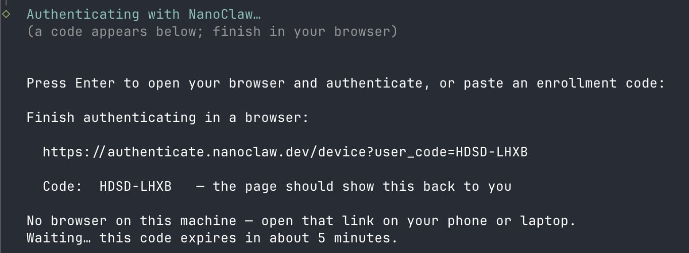 Terminal sign-in card printed by the wizard, with the authentication link and short code