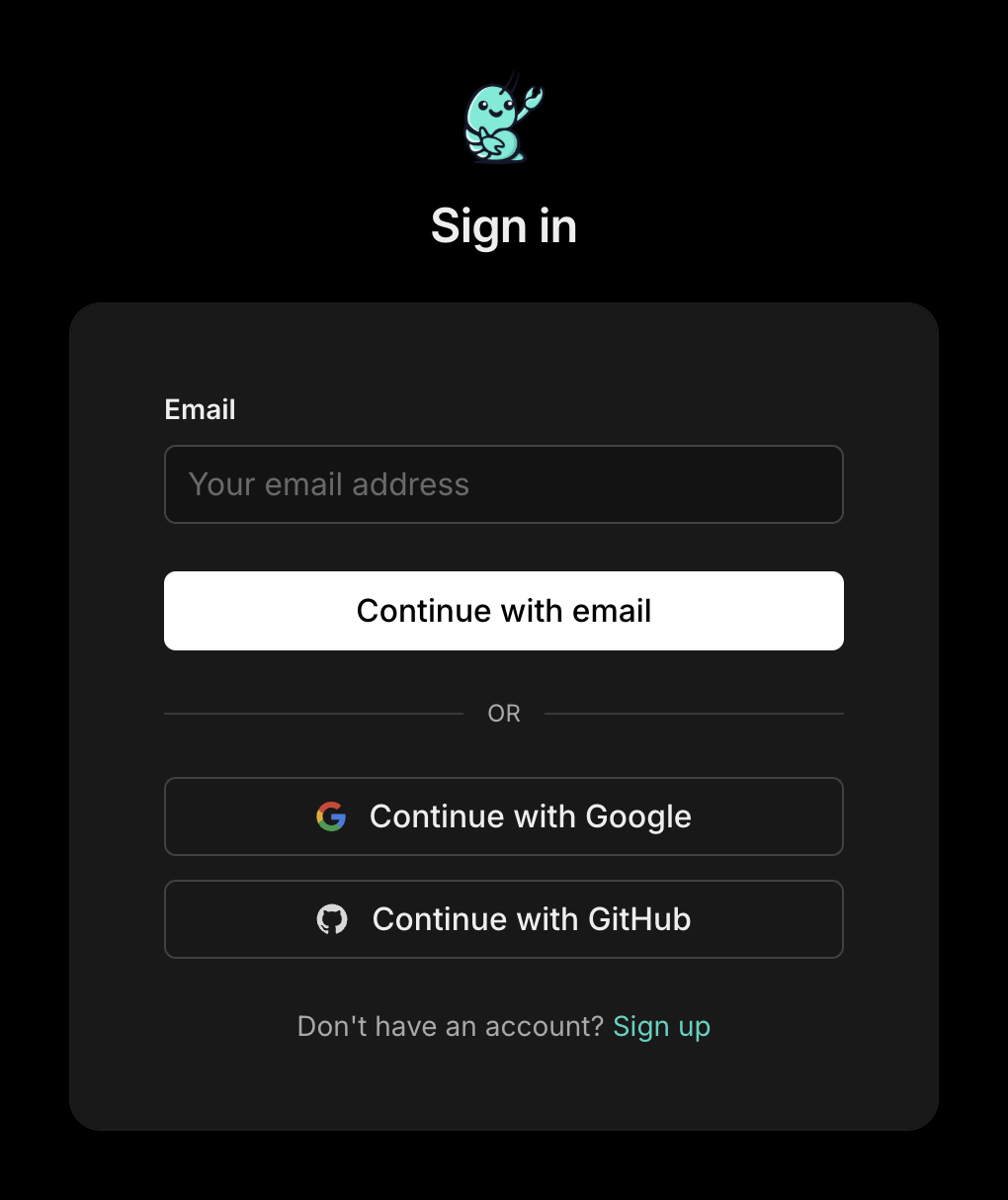 Browser sign-in page with an email field and Google and GitHub sign-in options