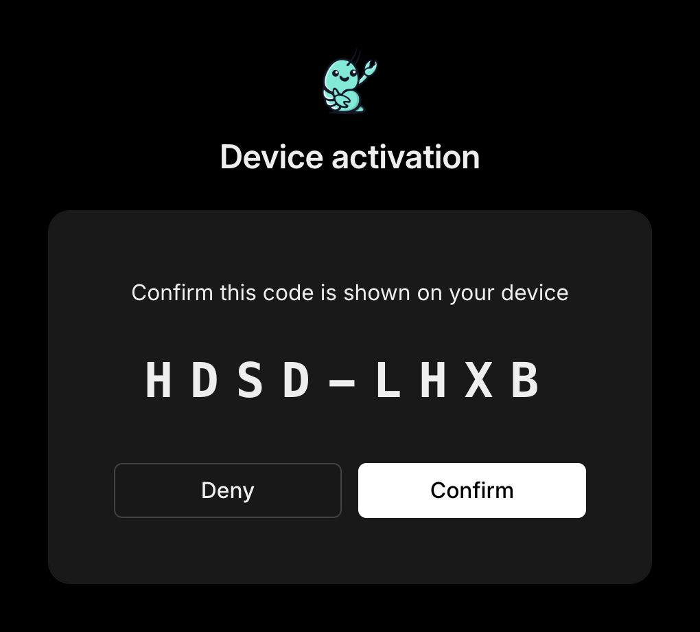 Browser device-activation page asking to confirm the code shown in the terminal