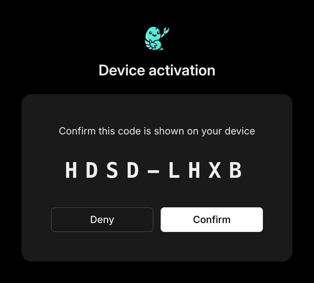Browser device-activation page asking to confirm the code shown in the terminal