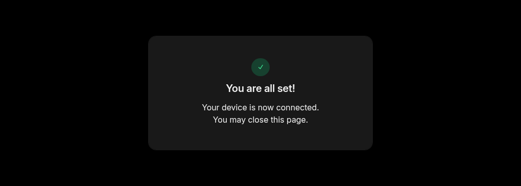 Browser confirmation page saying the device is now connected