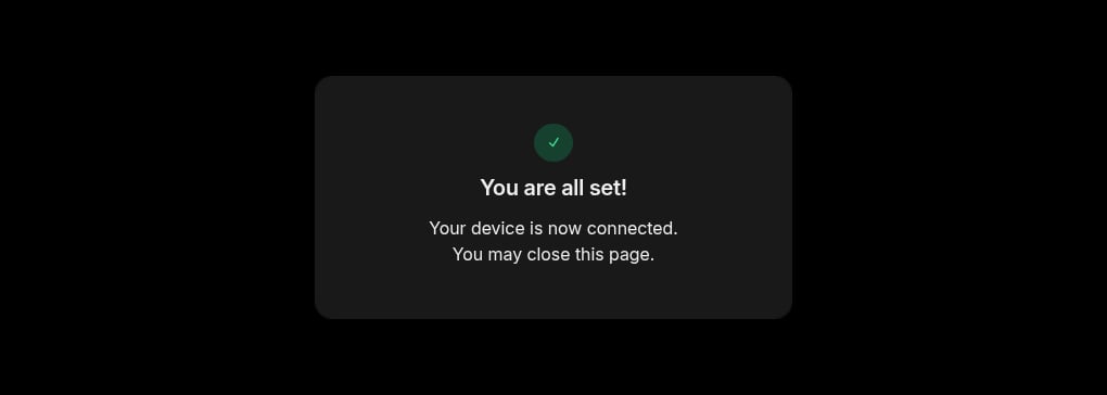 Browser confirmation page saying the device is now connected