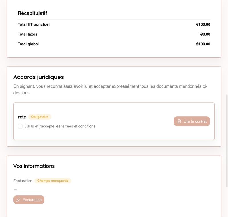 Sections Accords juridiques et Vos informations de la Dealroom