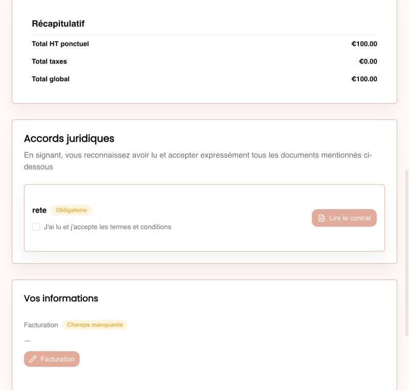Sections Accords juridiques et Vos informations de la Dealroom