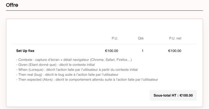 Section Offre de la Dealroom avec un tableau de produits