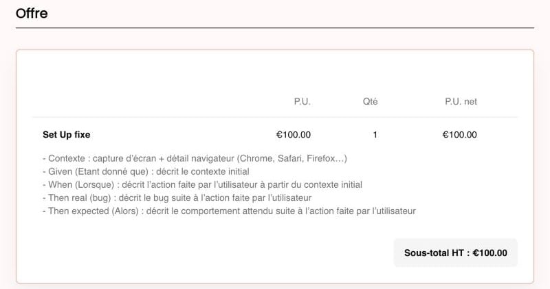 Section Offre de la Dealroom avec un tableau de produits