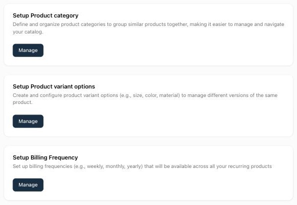 Product options page with the Setup Product category, Setup Product variant options, and Setup Billing Frequency blocks