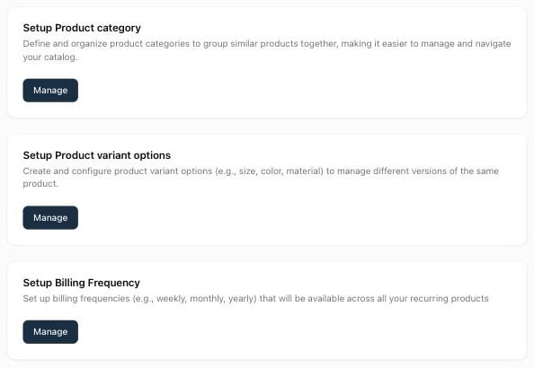 Product options page with the Setup Product category, Setup Product variant options, and Setup Billing Frequency blocks