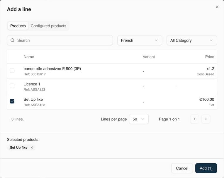 Add a line window with the Products and Configured products tabs