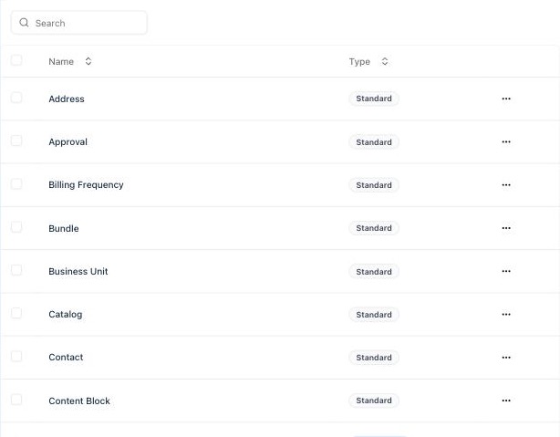 Settings › Data › Data Model object list with Standard and Manageable badges